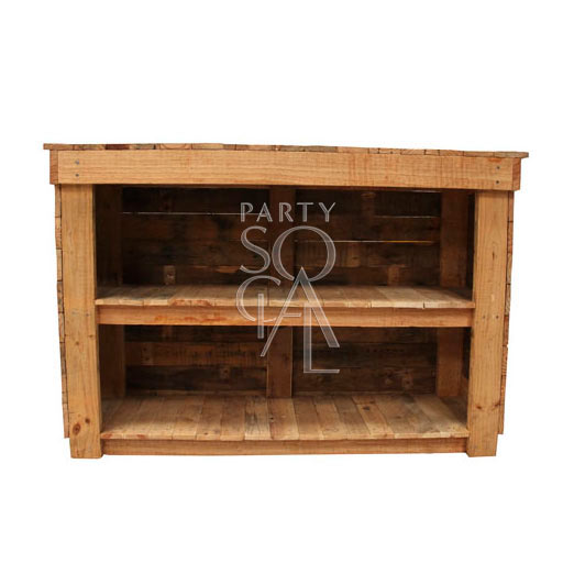 Rustic bar unit crafted from weathered wood with a natural finish. Features multiple shelves and compartments for storage, ideal for a cozy, vintage-inspired home bar or entertainment space.