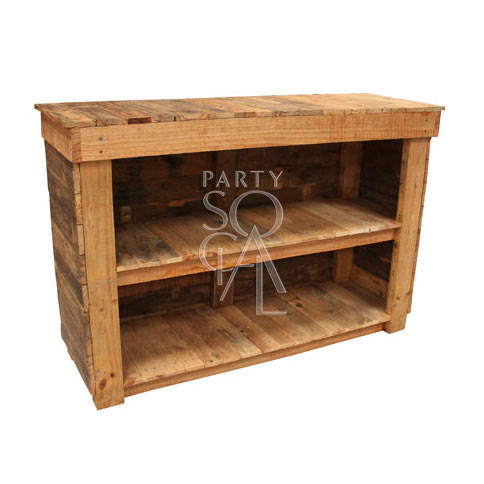 Rustic bar unit crafted from weathered wood with a natural finish. Features multiple shelves and compartments for storage, ideal for a cozy, vintage-inspired home bar or entertainment space.