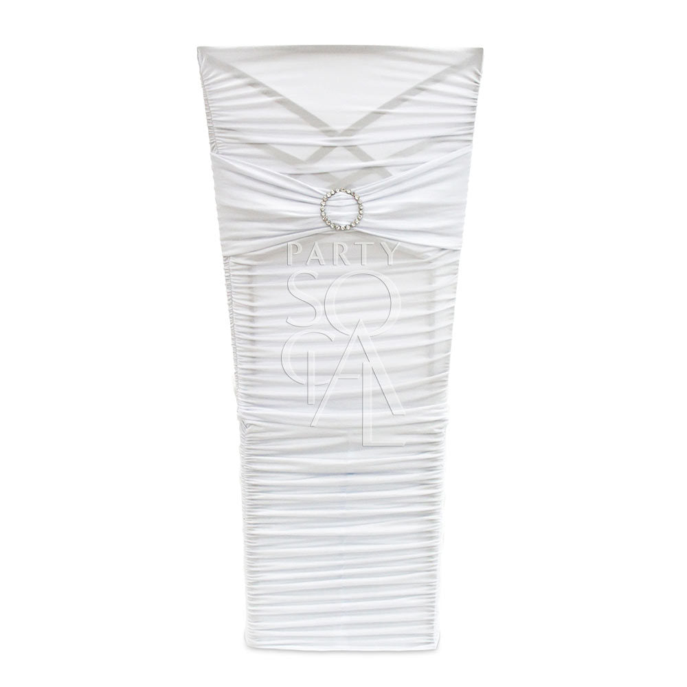 White stretch chair cover with a chameleon-like texture for a sleek, adaptable fit.