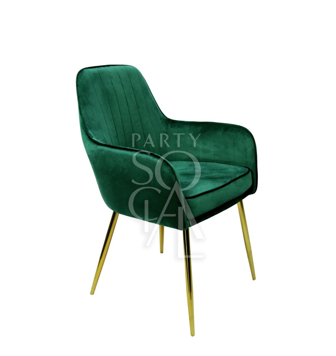 Luxurious chair upholstered in rich royal green velvet, featuring a sleek and contemporary design. The chair&