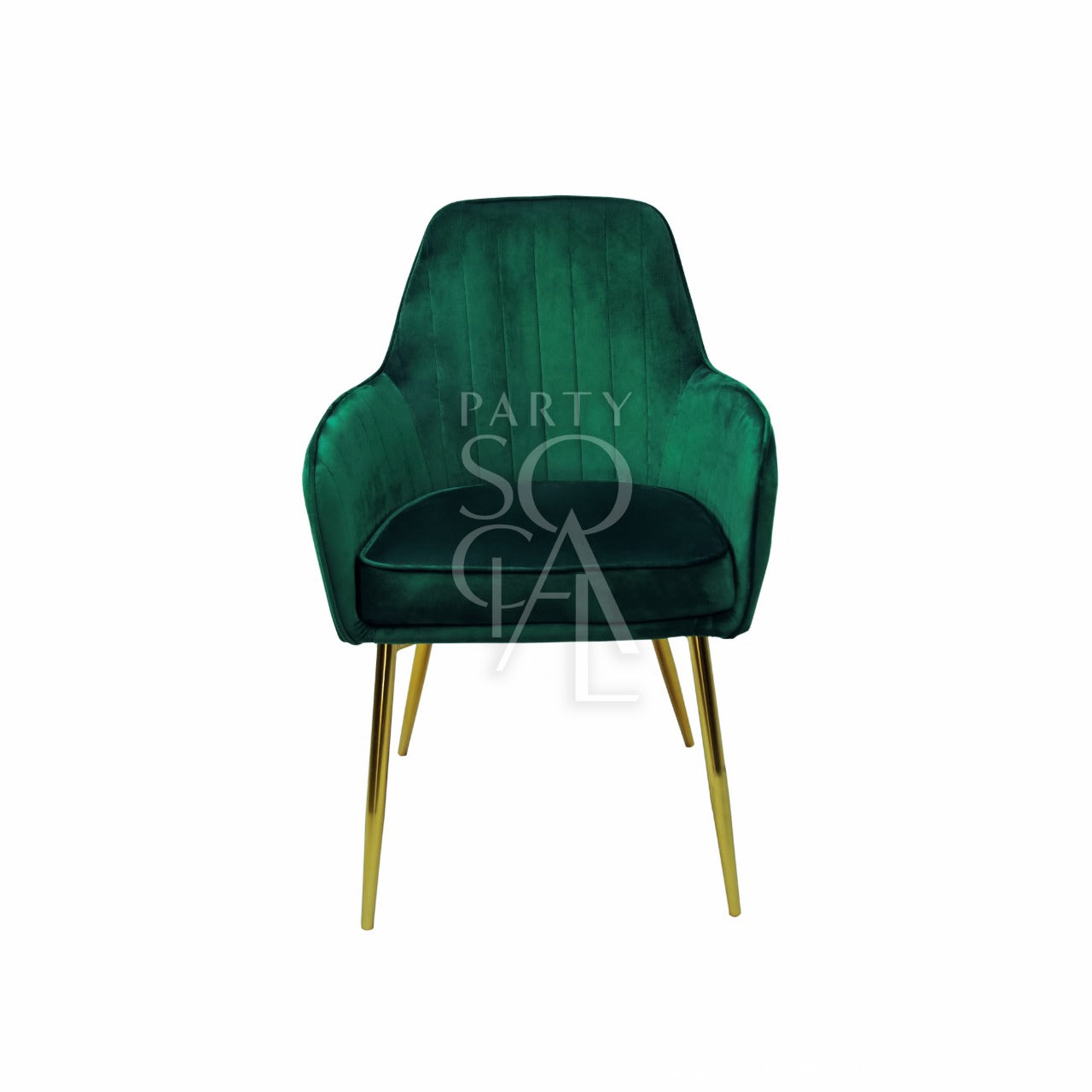 Luxurious chair upholstered in rich royal green velvet, featuring a sleek and contemporary design. The chair&