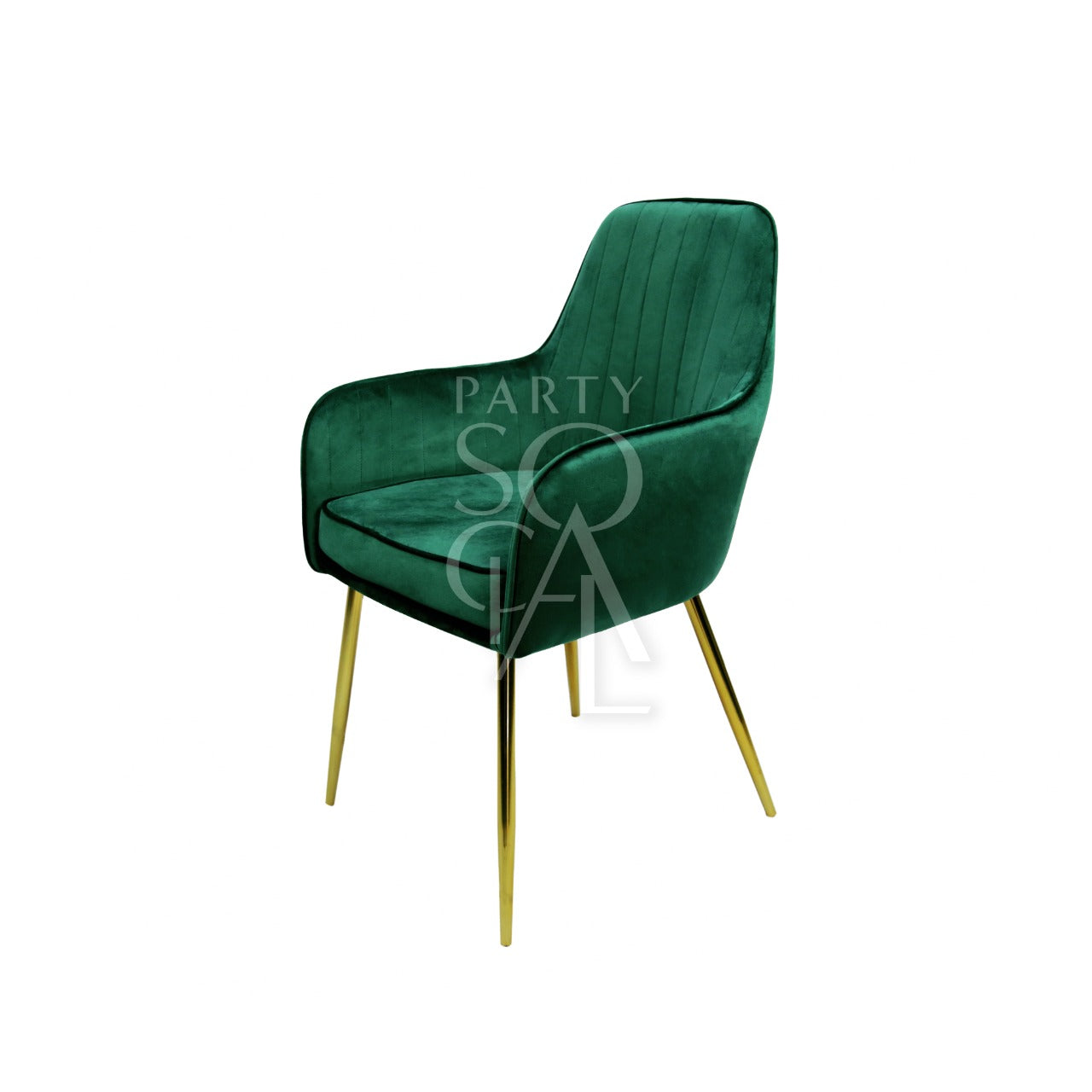 Luxurious chair upholstered in rich royal green velvet, featuring a sleek and contemporary design. The chair&