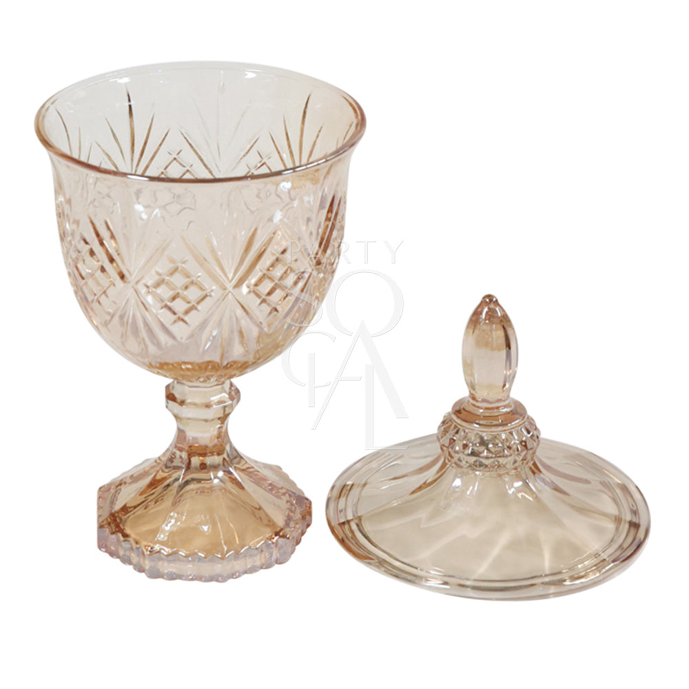 A stunning crystal vase in an amber hue, characterized by its faceted surface that creates a beautiful play of light. The vase features a classic, tapered design with a wide mouth and a slender neck, perfect for showcasing fresh flowers or as a standalone decorative piece.