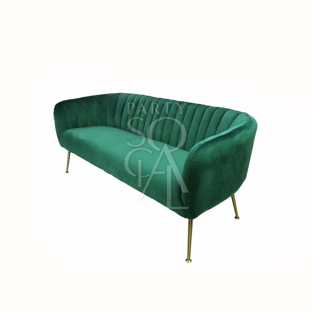 Luxurious 3-seater sofa in rich royal green velvet. The sofa boasts a sumptuous texture, offering both elegance and comfort with its plush cushioning and sleek, modern design. Perfect for adding a bold touch of color and sophistication to any room.