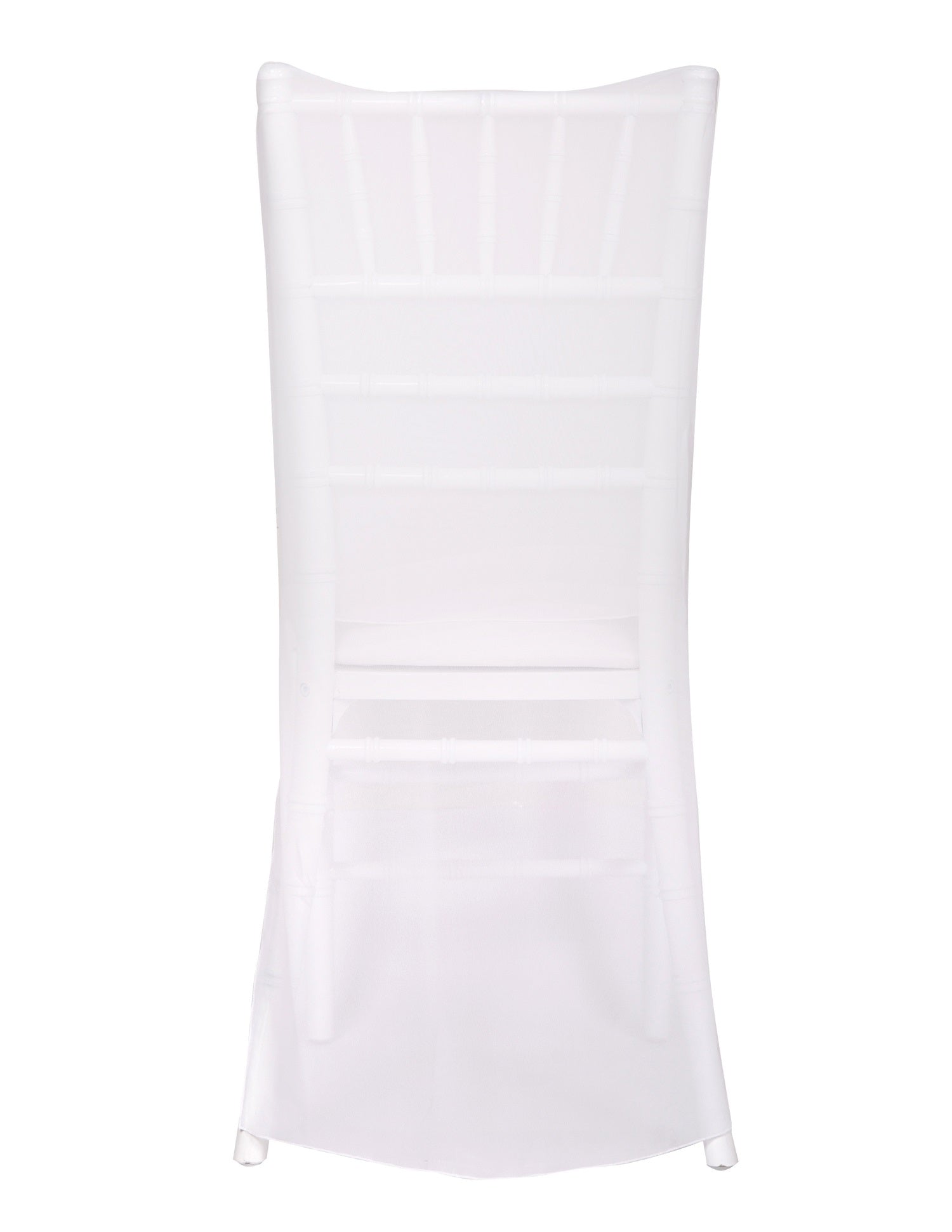 Elegant Chiavari chair cover made from lightweight chiffon fabric, draping gracefully over the chair with a soft, flowing silhouette. The simple design adds a touch of understated sophistication and airy elegance, ideal for weddings, formal events, or any occasion requiring a refined and classic look.