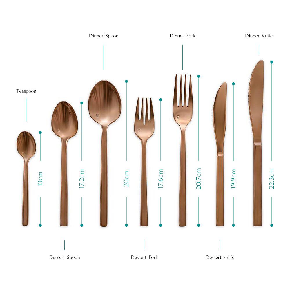 Stylish rose gold cutlery set with a warm, metallic sheen, featuring a modern design that adds a touch of sophistication and elegance to any dining arrangement.