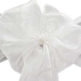 Classic organza chair sash in white, showcasing a sheer, delicate fabric with a crisp finish. The white color provides a clean and elegant touch, ideal for adding a refined and timeless look to any chair or decor.