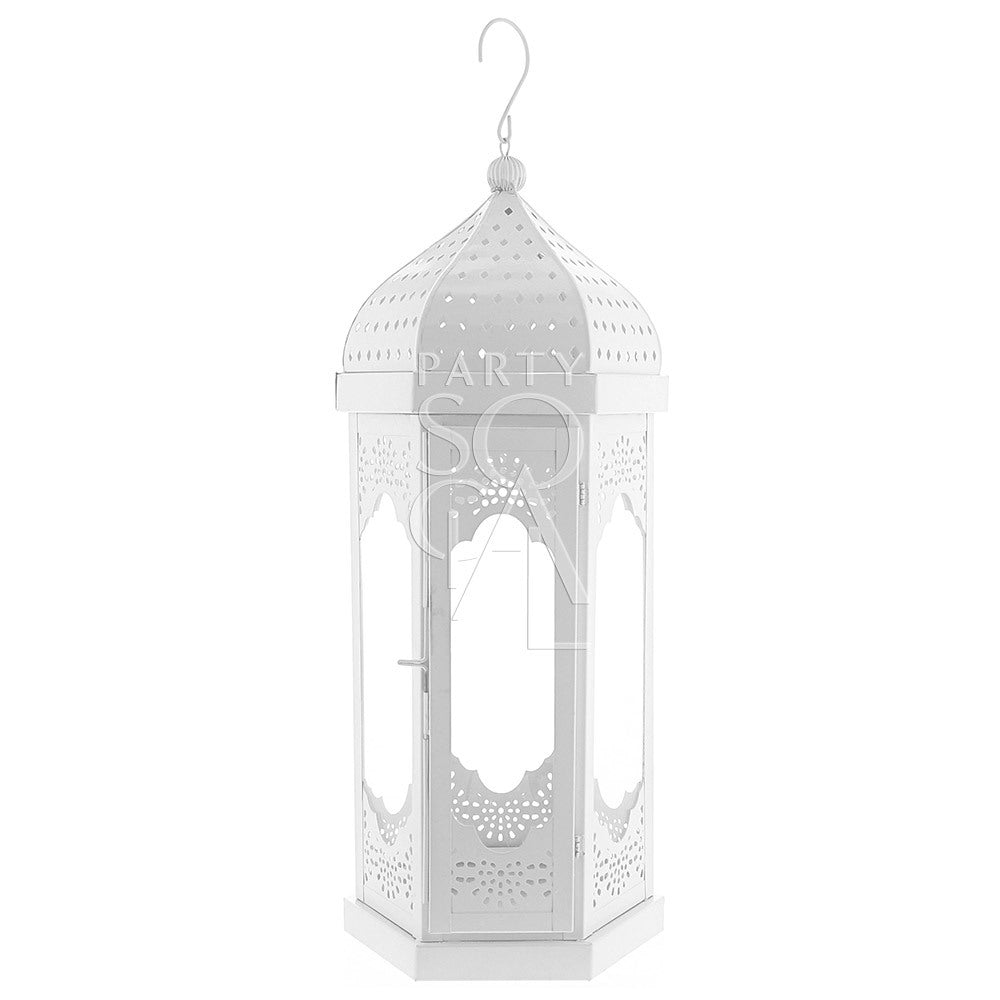 Elegant white Moroccan lanterns with intricate cut-out patterns, featuring a delicate design and soft white finish, adding a touch of exotic charm and sophistication to any space.