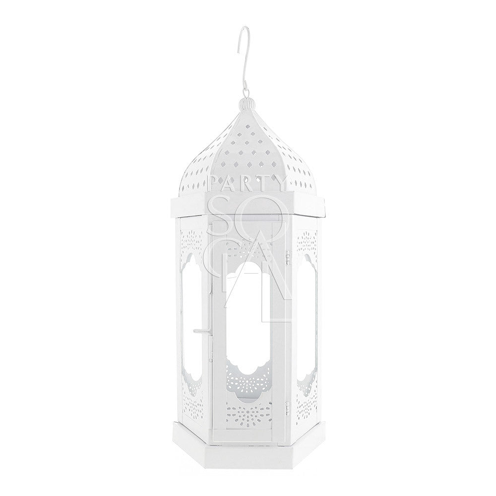 Elegant white Moroccan lanterns with intricate cut-out patterns, featuring a delicate design and soft white finish, adding a touch of exotic charm and sophistication to any space.