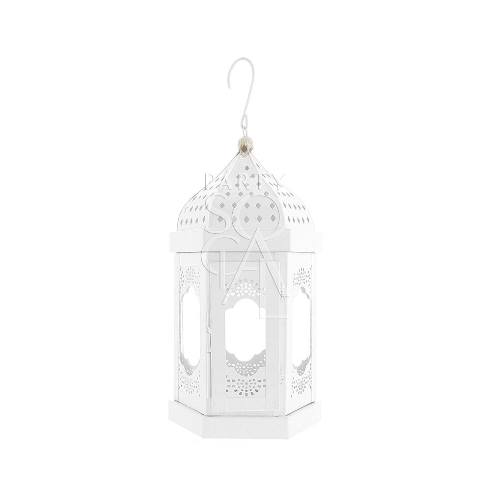 Elegant white Moroccan lanterns with intricate cut-out patterns, featuring a delicate design and soft white finish, adding a touch of exotic charm and sophistication to any space.