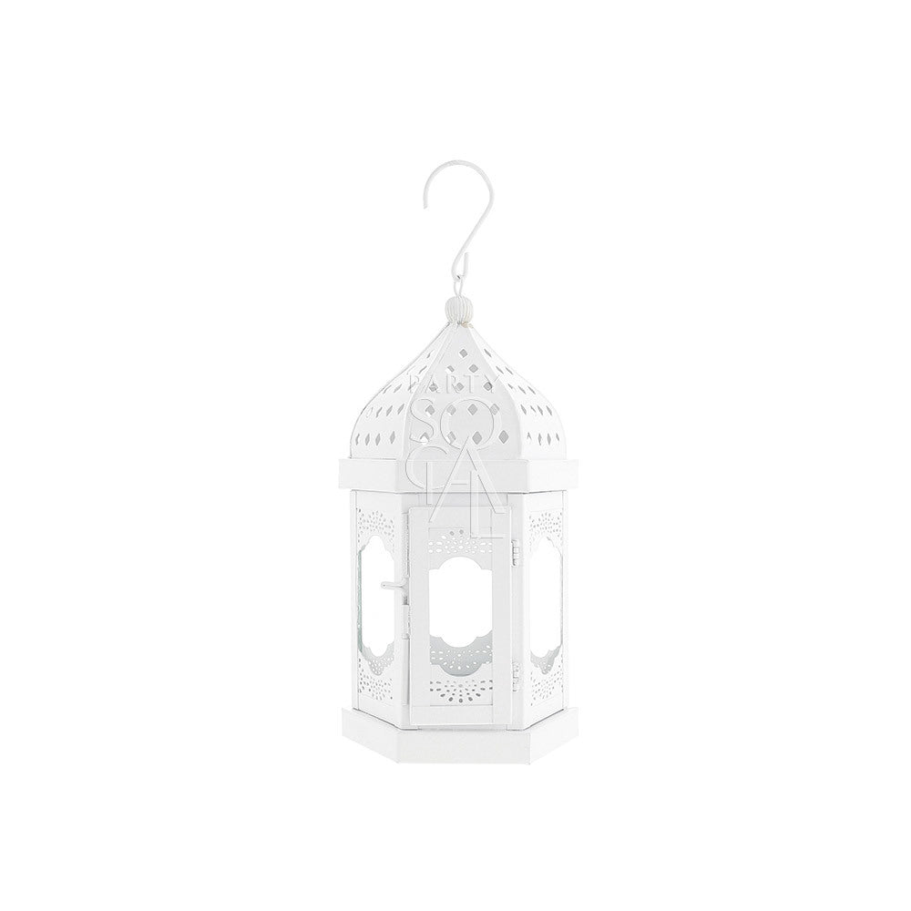 Elegant white Moroccan lanterns with intricate cut-out patterns, featuring a delicate design and soft white finish, adding a touch of exotic charm and sophistication to any space.