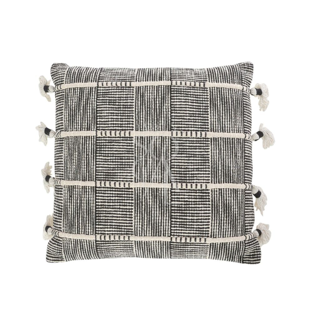 Elegant cushion cover in a black and white pattern, adorned with playful tassels along the edges. The combination of geometric designs and decorative tassels adds a stylish, bohemian flair to any living space or seating area.
