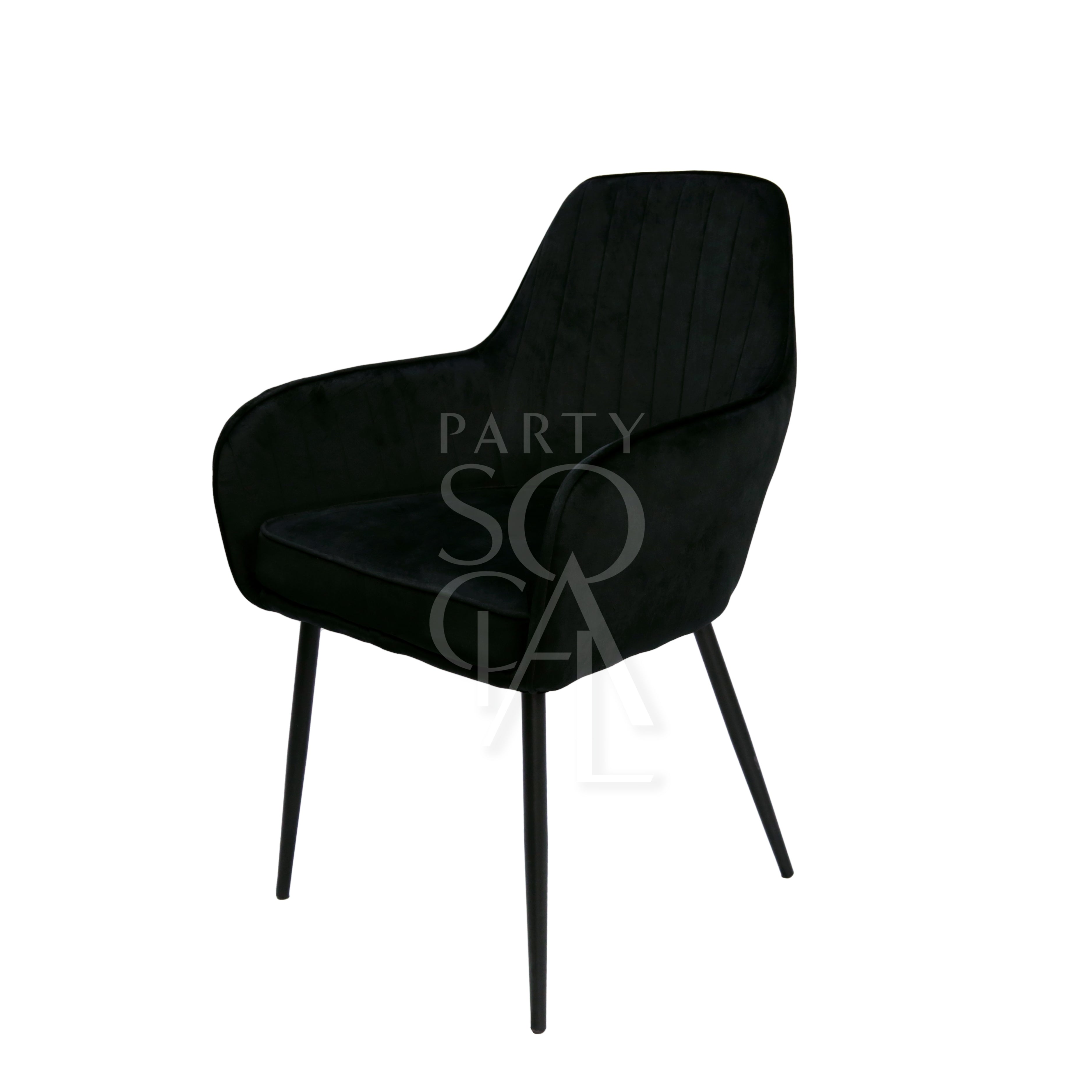 Elegant chair upholstered in deep black velvet, showcasing a sophisticated and modern design. The chair&