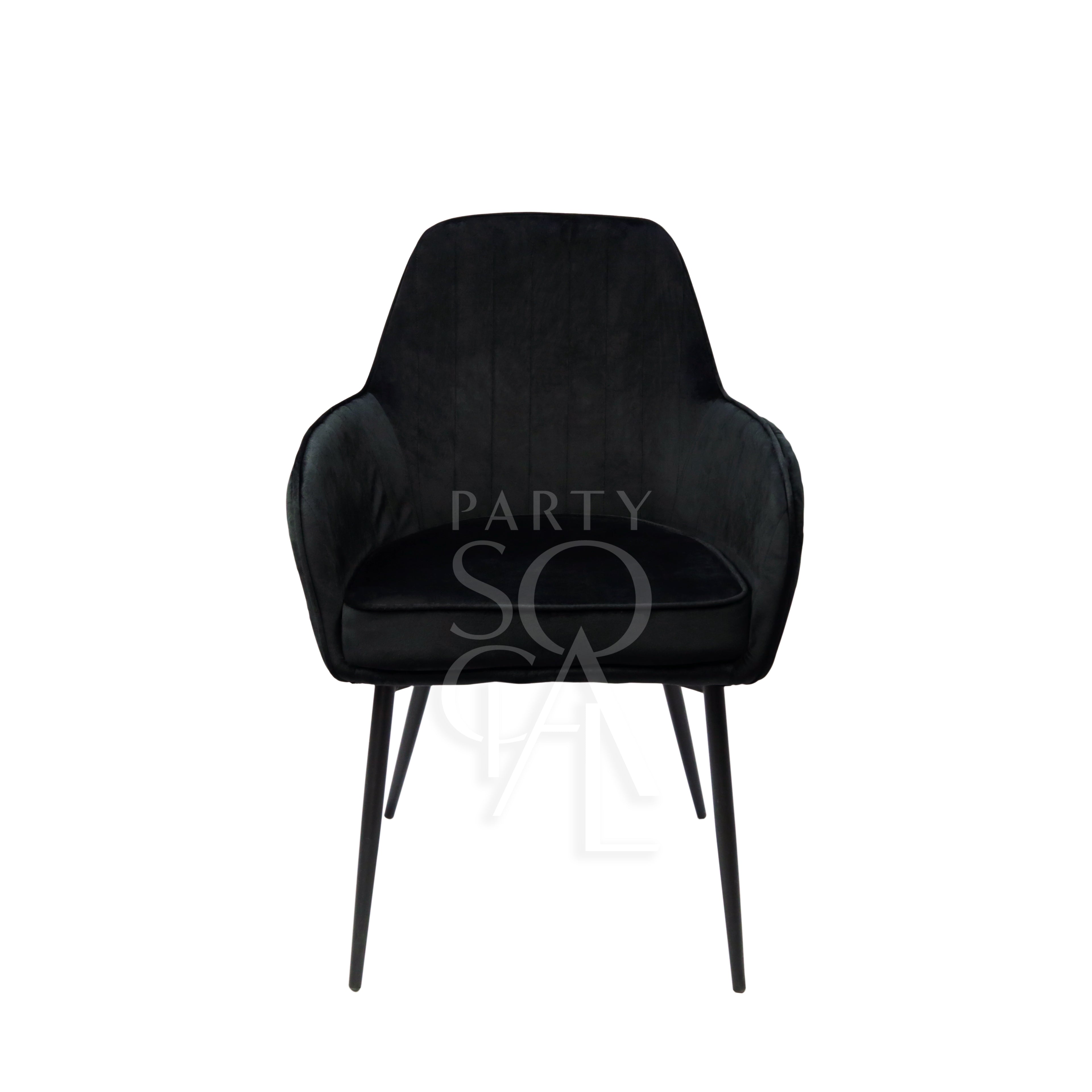Elegant chair upholstered in deep black velvet, showcasing a sophisticated and modern design. The chair&