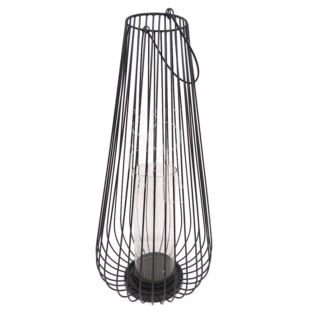 Stylish black wire lanterns with a geometric design, featuring a sleek, open-frame construction that casts intricate shadows when illuminated. The black metal wire adds a contemporary touch, making these lanterns a chic and versatile addition to any indoor or outdoor space.