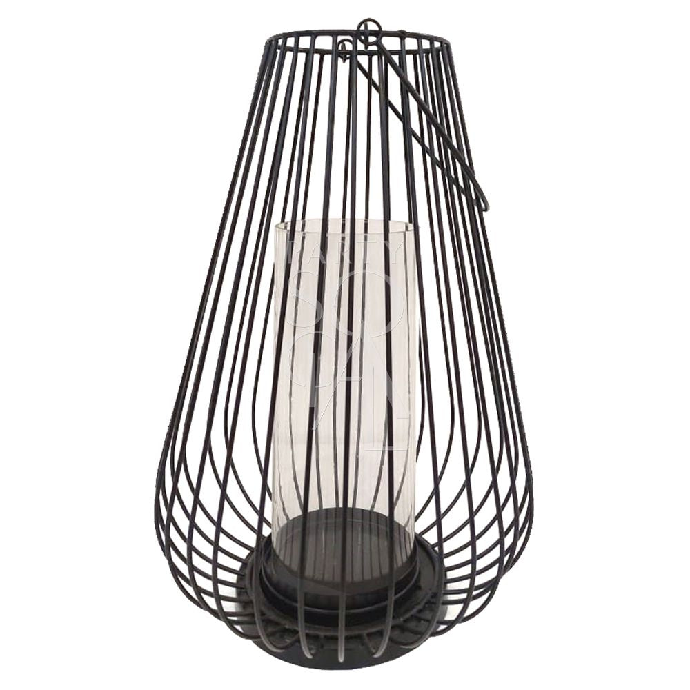 Stylish black wire lanterns with a geometric design, featuring a sleek, open-frame construction that casts intricate shadows when illuminated. The black metal wire adds a contemporary touch, making these lanterns a chic and versatile addition to any indoor or outdoor space.