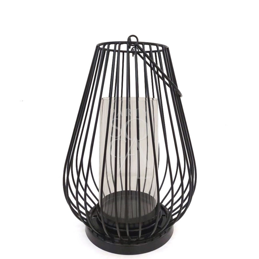 Stylish black wire lanterns with a geometric design, featuring a sleek, open-frame construction that casts intricate shadows when illuminated. The black metal wire adds a contemporary touch, making these lanterns a chic and versatile addition to any indoor or outdoor space.