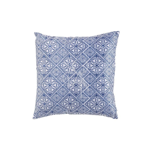 Decorative cushion featuring a striking blue and white Moroccan print with intricate geometric patterns and traditional motifs. The cushion’s vibrant blue tones and crisp white background create a bold, eye-catching contrast, adding a touch of exotic charm and elegance to any living space or seating area.