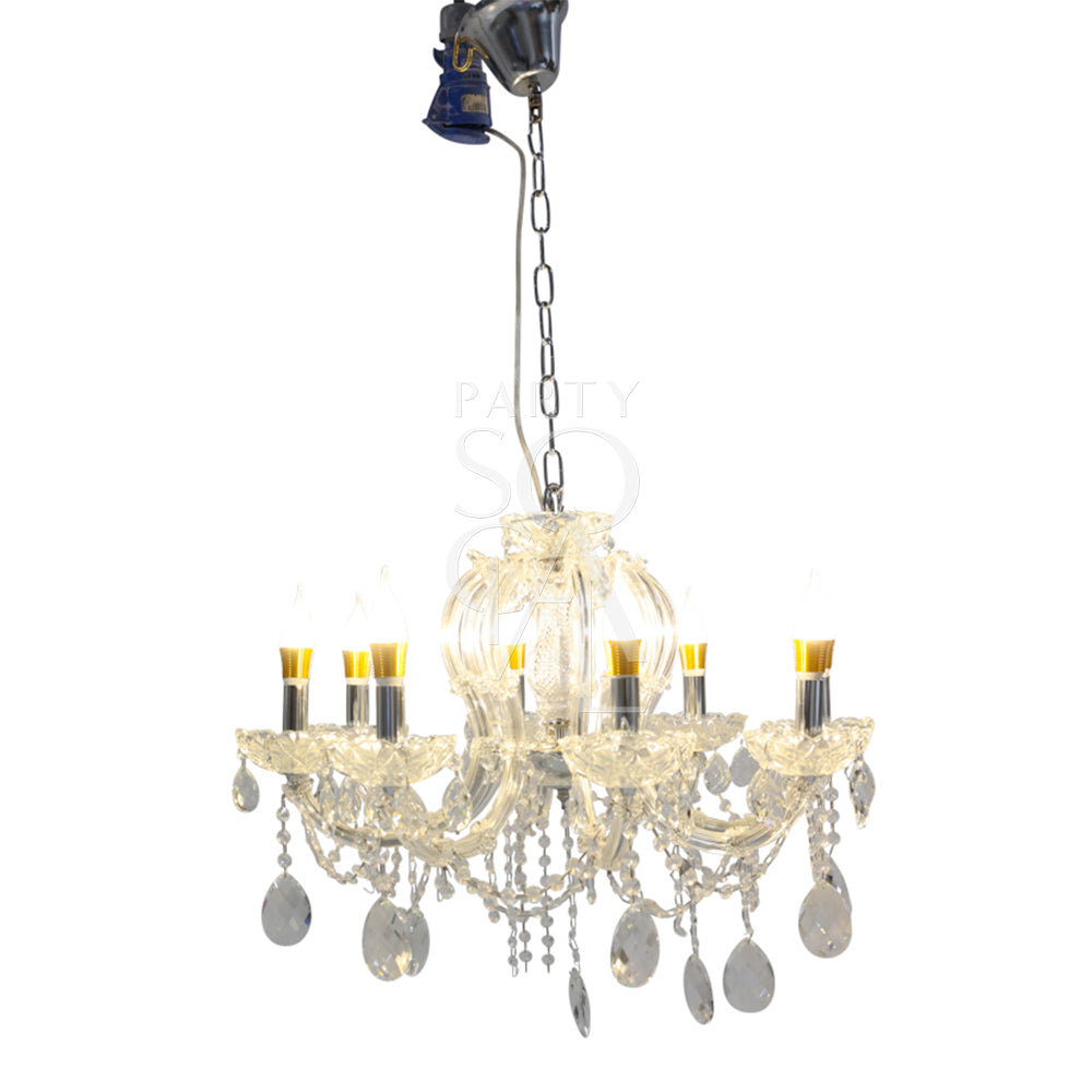 Exquisite crystal chandelier featuring a dazzling array of crystal droplets and intricate metalwork. The chandelier’s sparkling crystals reflect light beautifully, creating a luxurious and elegant ambiance. Ideal for adding a touch of glamour and sophistication to any grand space or formal setting.