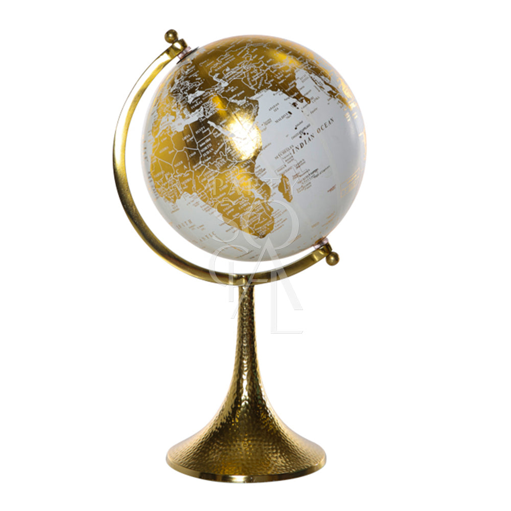 Elegant globe centerpiece featuring a stylish, decorative design. The globe is mounted on a sleek base and showcases intricate details, making it a sophisticated focal point for any table or event. Its classic and refined appearance adds a touch of global charm and sophistication to any setting.