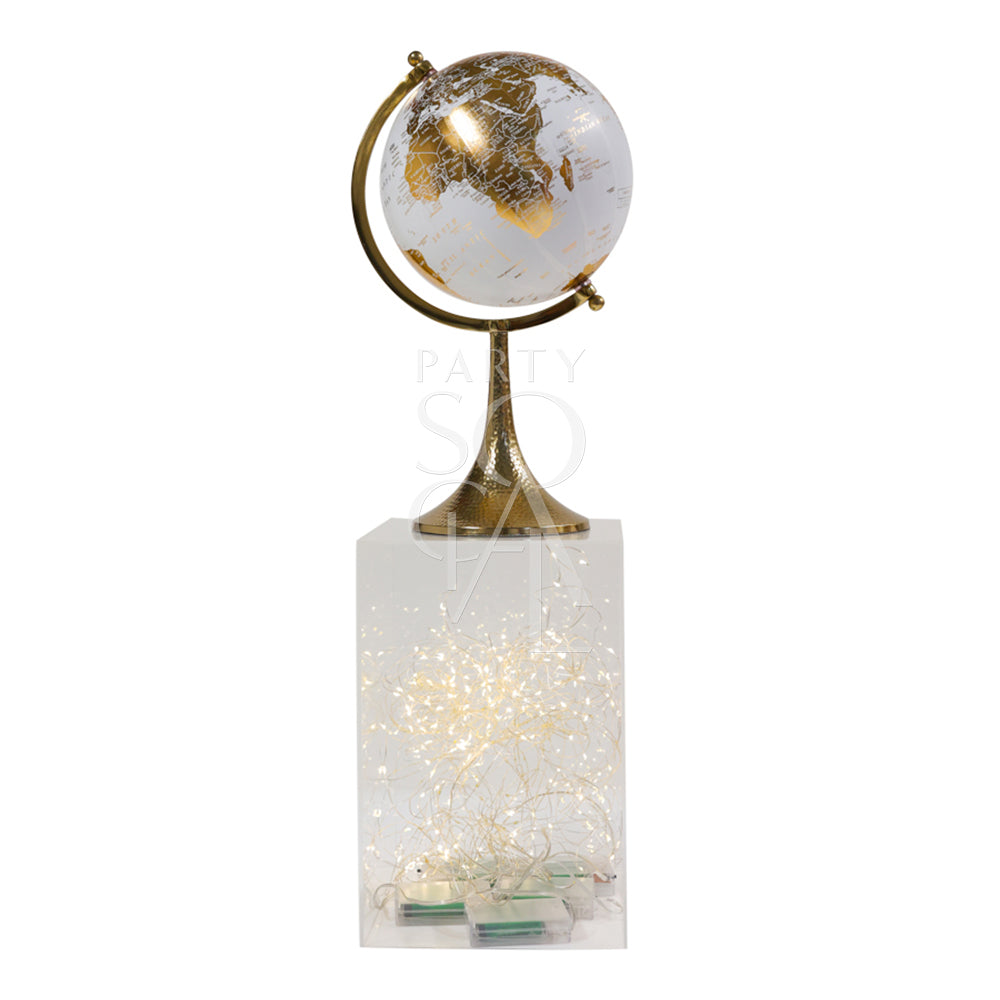 Elegant globe centerpiece featuring a stylish, decorative design. The globe is mounted on a sleek base and showcases intricate details, making it a sophisticated focal point for any table or event. Its classic and refined appearance adds a touch of global charm and sophistication to any setting.