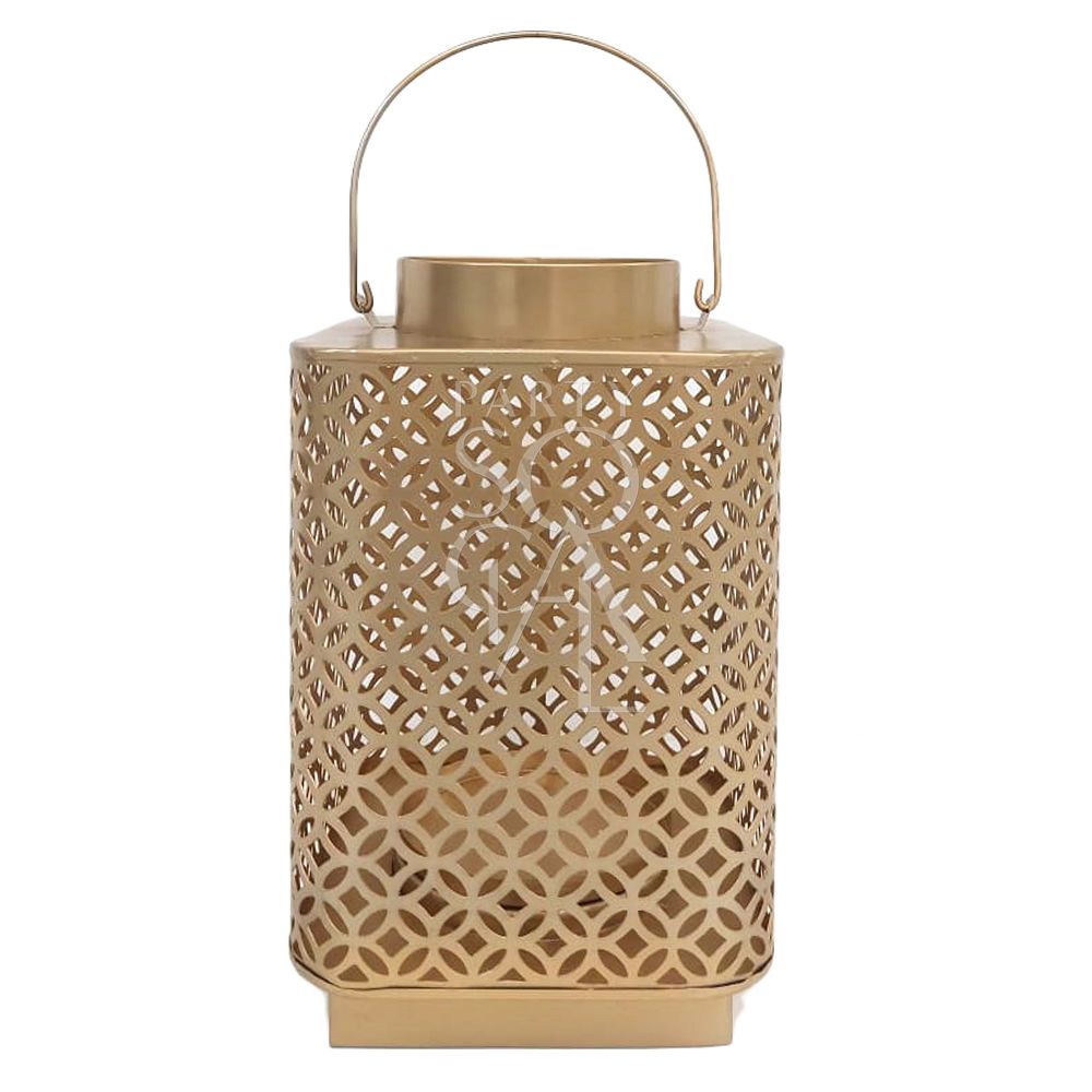 Stylish gold square lantern with a sleek, modern design. Made from metal with a rich gold finish, this lantern features clear glass panels on each side, allowing light to shine through and create a warm, inviting glow. Ideal for adding a touch of elegance to any space.