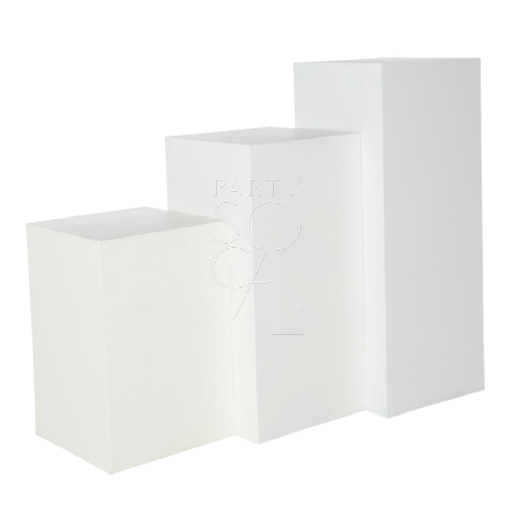 Modern square white podiums with a sleek, minimalist design and smooth finish. The podiums provide a clean and elegant platform, ideal for displaying awards, decor, or event features. Their crisp white color and simple shape add a touch of sophistication to any presentation or setting.