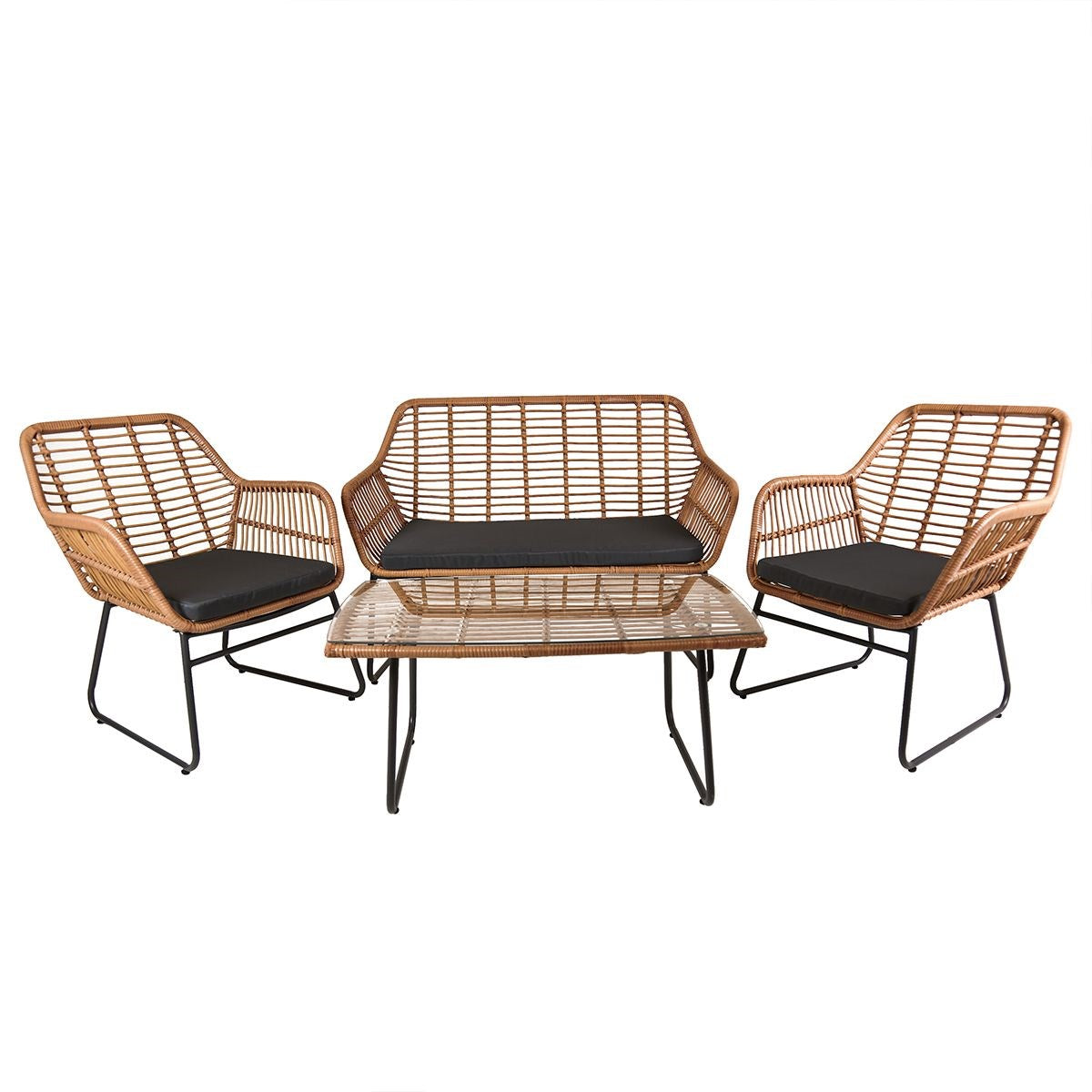 Charming rattan coffee table featuring a natural woven rattan base with a sleek, transparent glass top. The table’s elegant design combines the texture of rattan with the sophistication of glass, making it a stylish and functional centerpiece for living rooms or outdoor spaces.