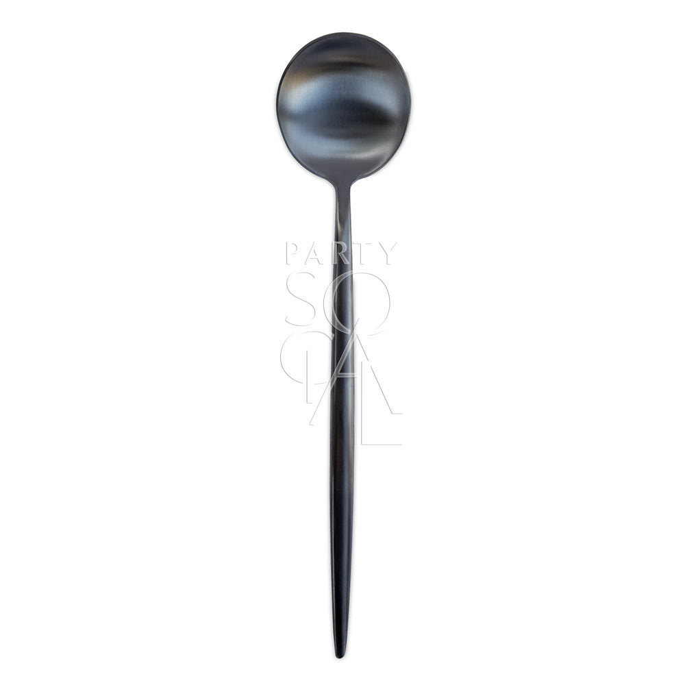 Sleek modern black cutlery set featuring a contemporary design with a matte finish, adding a stylish and sophisticated touch to any dining table.