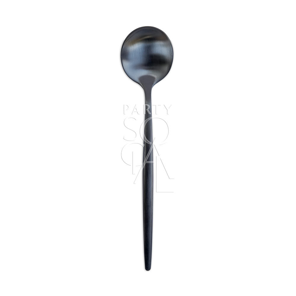 Sleek modern black cutlery set featuring a contemporary design with a matte finish, adding a stylish and sophisticated touch to any dining table.