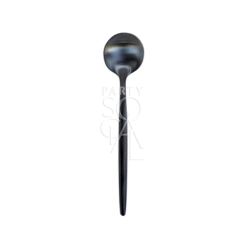 Sleek modern black cutlery set featuring a contemporary design with a matte finish, adding a stylish and sophisticated touch to any dining table.