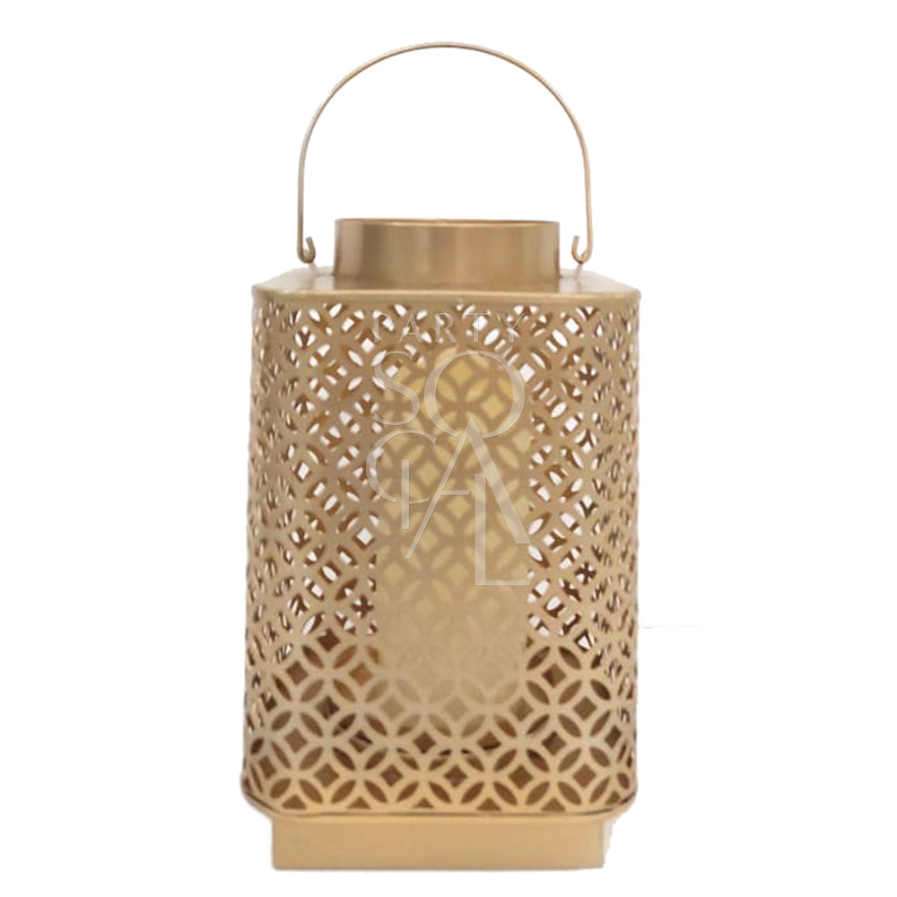 Stylish gold square lantern with a sleek, modern design. Made from metal with a rich gold finish, this lantern features clear glass panels on each side, allowing light to shine through and create a warm, inviting glow. Ideal for adding a touch of elegance to any space.