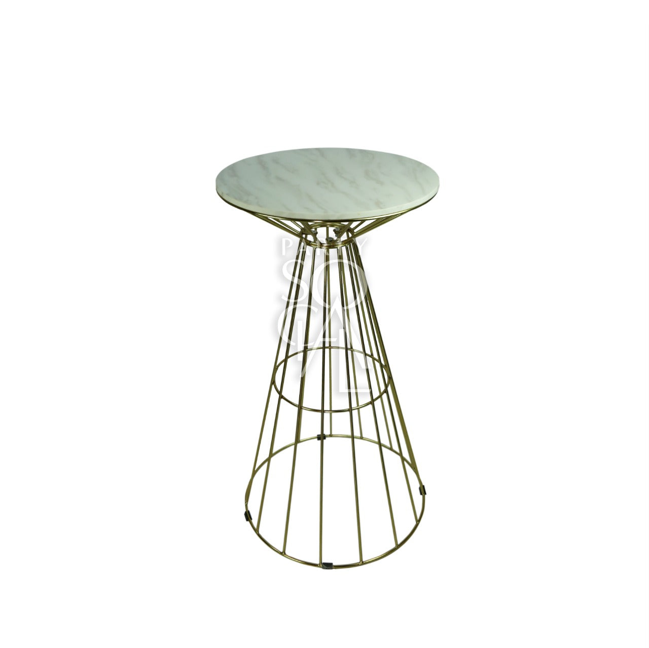 Elegant cocktail table featuring a sleek gold wire base and a luxurious white marble top. The table&