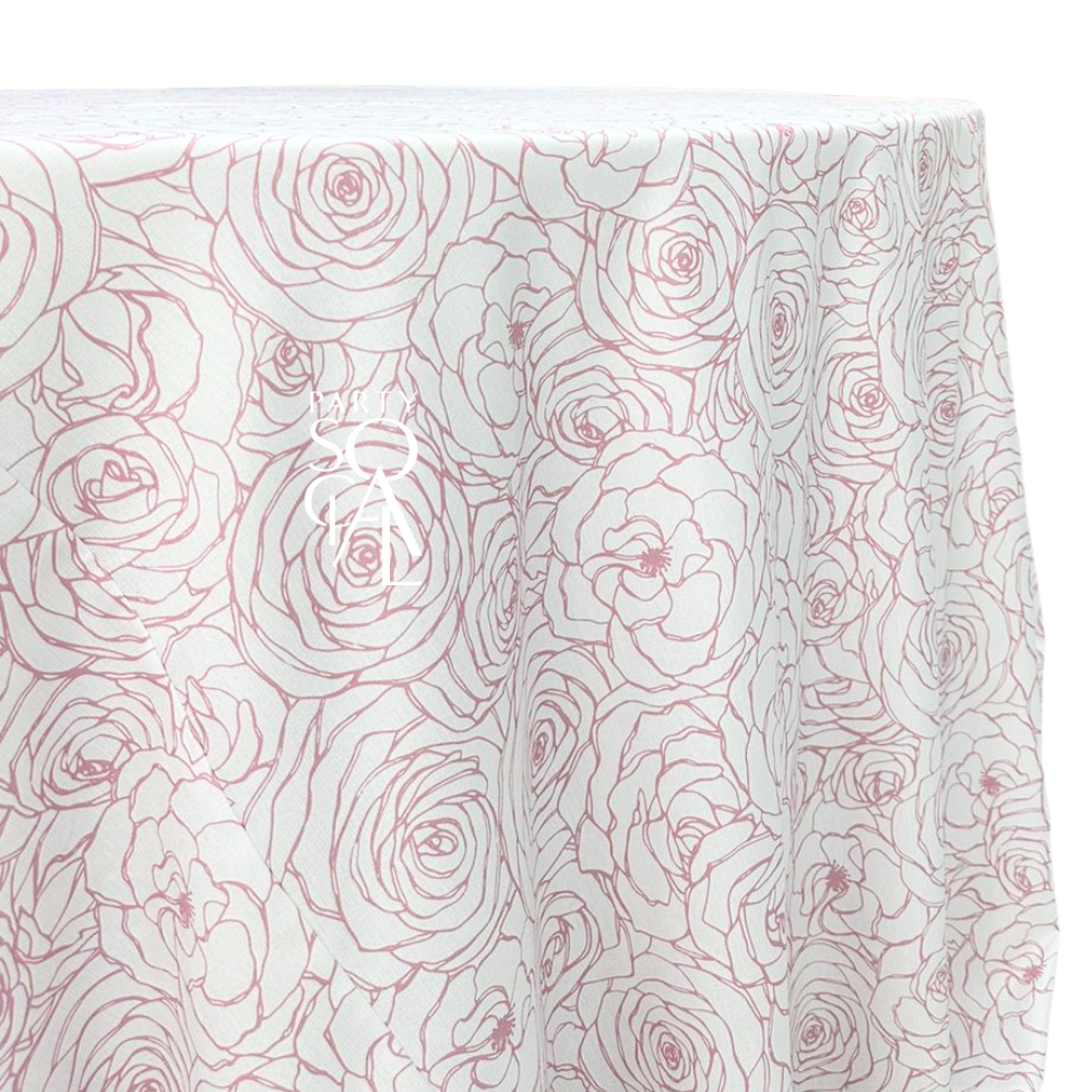 A round tablecloth in pink featuring a charming floral pattern. This elegant tablecloth adds a touch of sophistication and warmth to your dining setting, ideal for both casual meals and special occasions. The soft pink color and floral design create a delightful and inviting atmosphere.