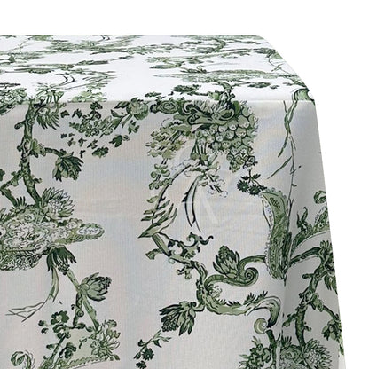 A rectangular linen tablecloth with a green vine pattern, featuring an elegant and nature-inspired design. This tablecloth adds a touch of freshness and sophistication to your dining area, with its intricate green vine motif enhancing both casual and formal settings.