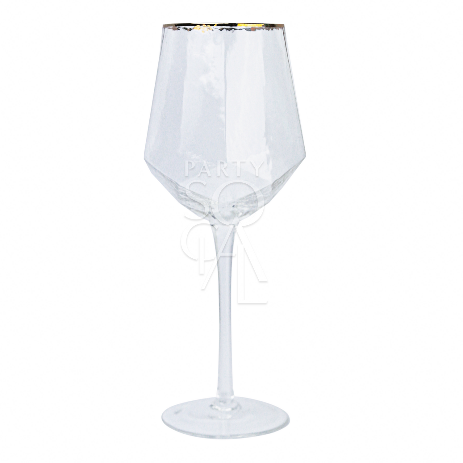 Gold-rimmed geometric glasses featuring a chic and contemporary design. These glasses have a clear body with striking geometric shapes, complemented by a sophisticated gold rim. Perfect for adding a touch of elegance and modern flair to your table setting, ideal for both formal and casual occasions.