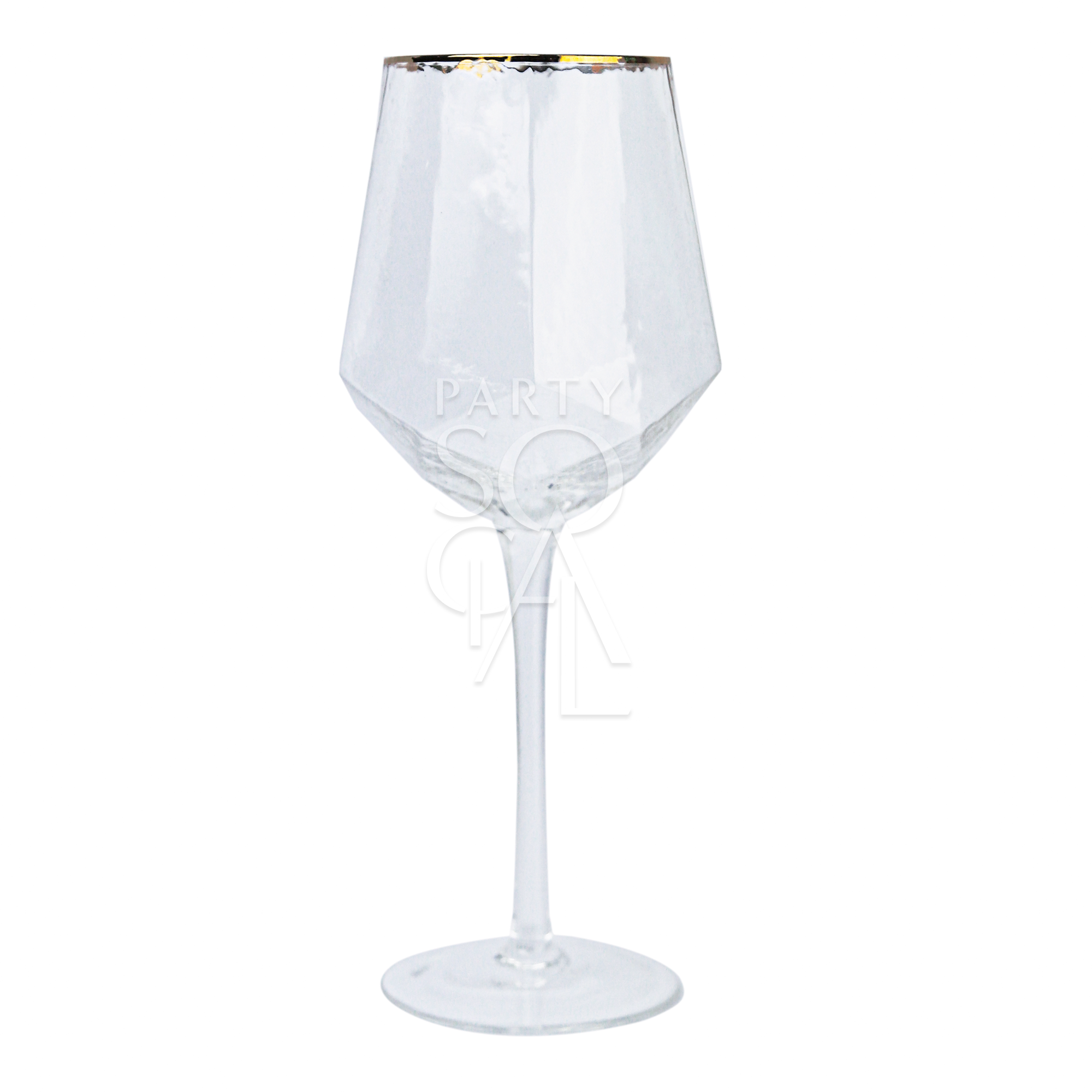 Gold-rimmed geometric glasses featuring a chic and contemporary design. These glasses have a clear body with striking geometric shapes, complemented by a sophisticated gold rim. Perfect for adding a touch of elegance and modern flair to your table setting, ideal for both formal and casual occasions.