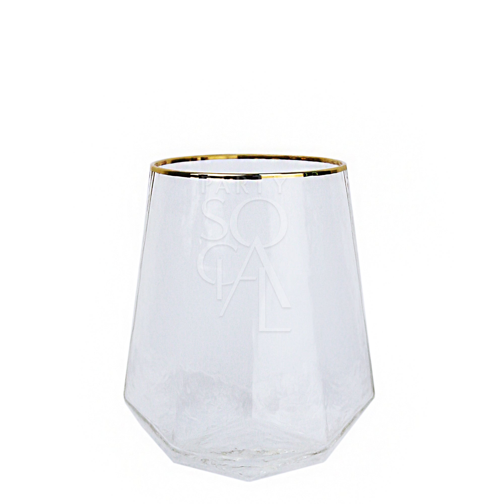 Gold-rimmed geometric glasses featuring a chic and contemporary design. These glasses have a clear body with striking geometric shapes, complemented by a sophisticated gold rim. Perfect for adding a touch of elegance and modern flair to your table setting, ideal for both formal and casual occasions.