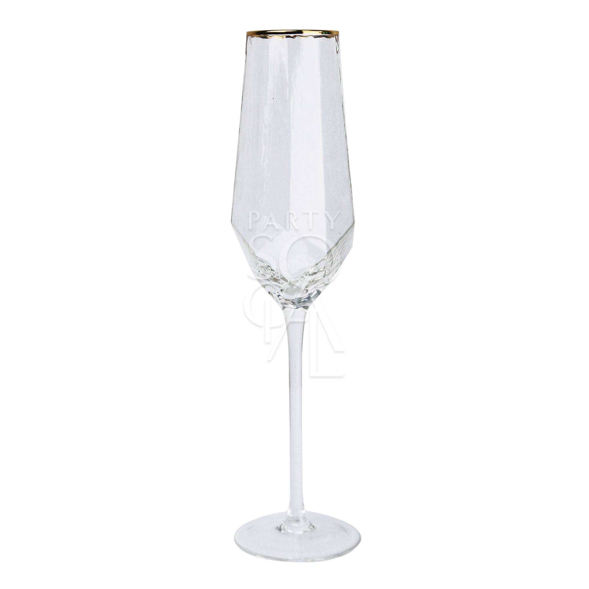 Gold-rimmed geometric glasses featuring a chic and contemporary design. These glasses have a clear body with striking geometric shapes, complemented by a sophisticated gold rim. Perfect for adding a touch of elegance and modern flair to your table setting, ideal for both formal and casual occasions.