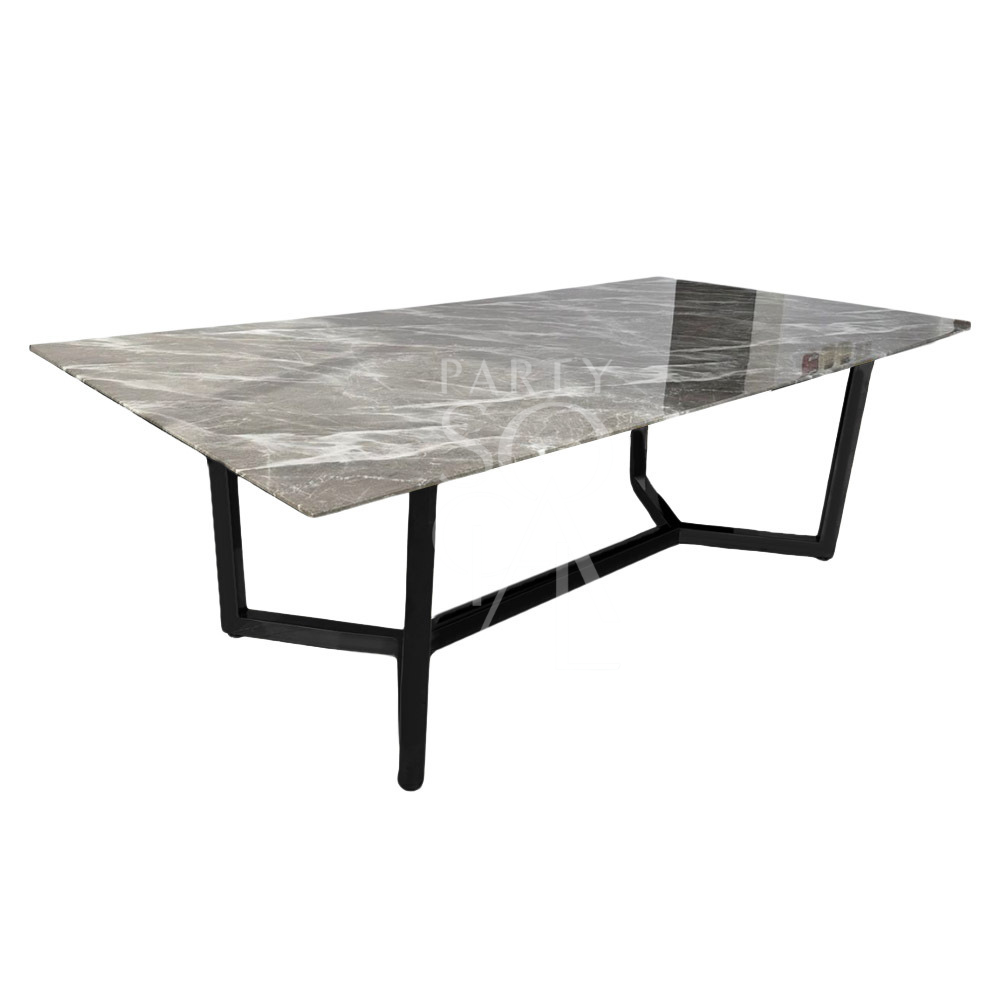A table with a black base and a grey marble top, featuring a sleek and modern design. The black steel base provides a sturdy foundation, while the grey marble top adds a touch of elegance and sophistication. This stylish table enhances any decor with its refined and contemporary look.