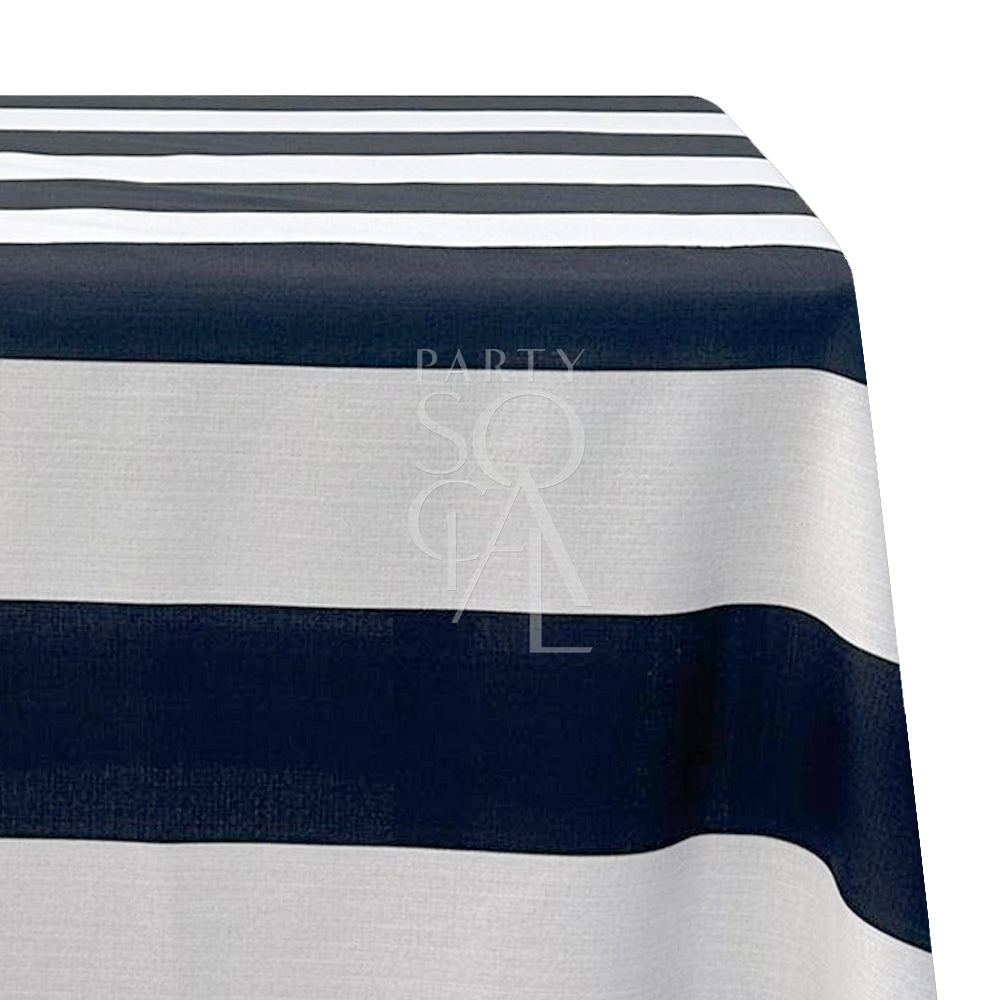 A small stripes rectangular tablecloth in classic black, showcasing a pattern of thin, elegant stripes. This sophisticated tablecloth enhances your dining setting with its modern and stylish look, perfect for formal events or adding a chic touch to your decor.