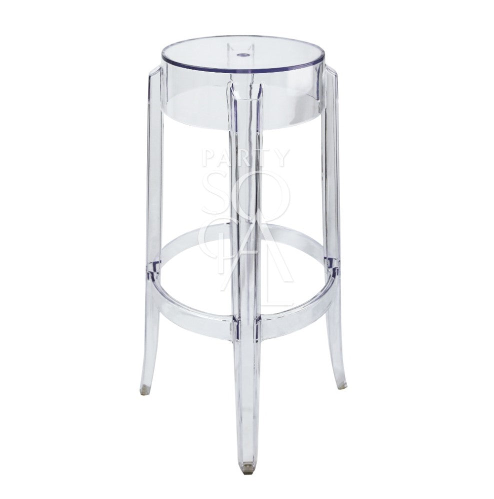 Ghost chair bar stool featuring a sleek and modern design with a transparent acrylic construction. This contemporary stool combines minimalist aesthetics with functionality, making it a versatile addition to any bar or counter area. Its clear design seamlessly blends with various décor styles while providing comfortable and stylish seating.