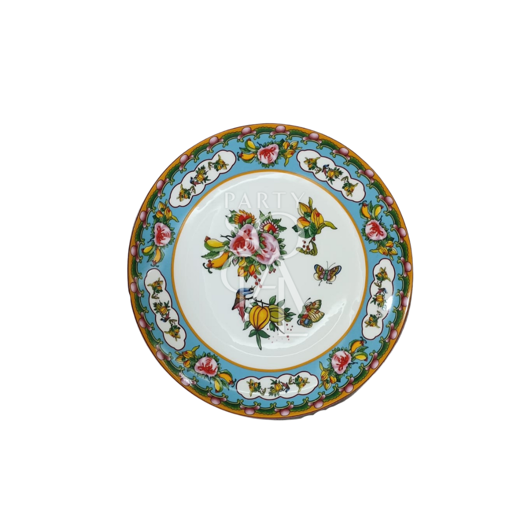 Floral patterned plates featuring intricate, colorful flower designs, ideal for adding elegance and charm to any dining table.