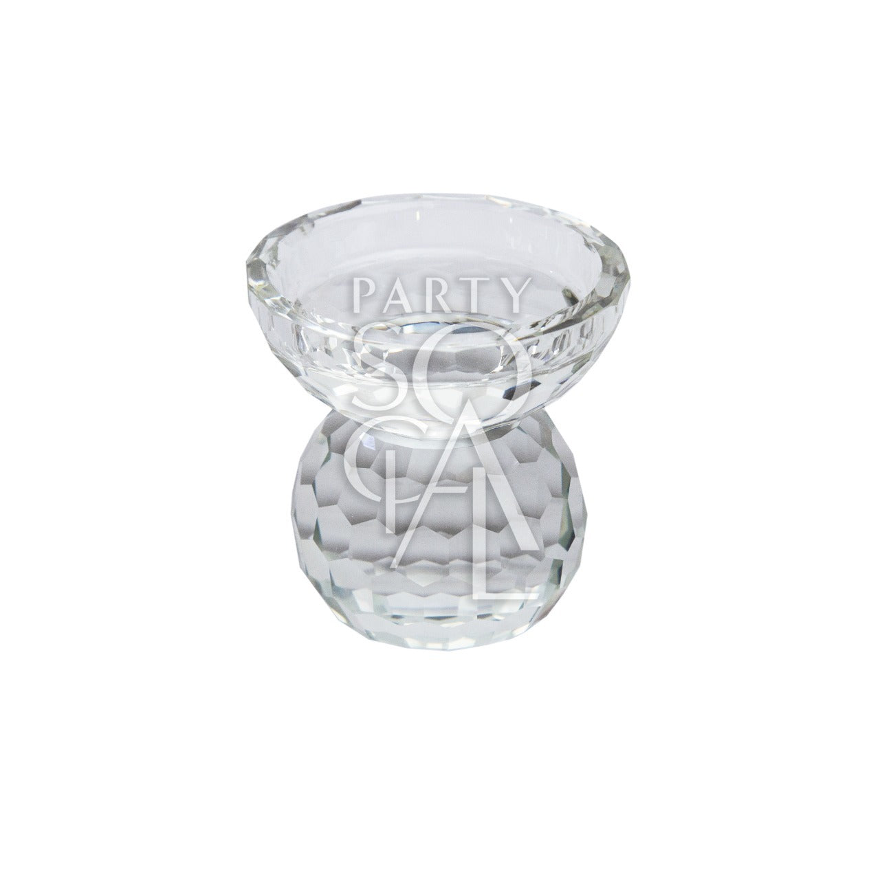 A crystal glass candle holder, featuring a sophisticated design with clear, faceted glass that reflects light beautifully. The elegant crystal material adds a touch of luxury and refinement, making it ideal for enhancing the ambiance of any space. Perfect for use on tables, mantels, or for special occasions.