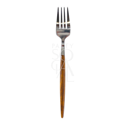 A wooden dinner fork with a silver finish, featuring a classic and sophisticated design. This stylish fork adds a touch of elegance to your dining table, combining the rustic charm of wood with the refined look of silver.