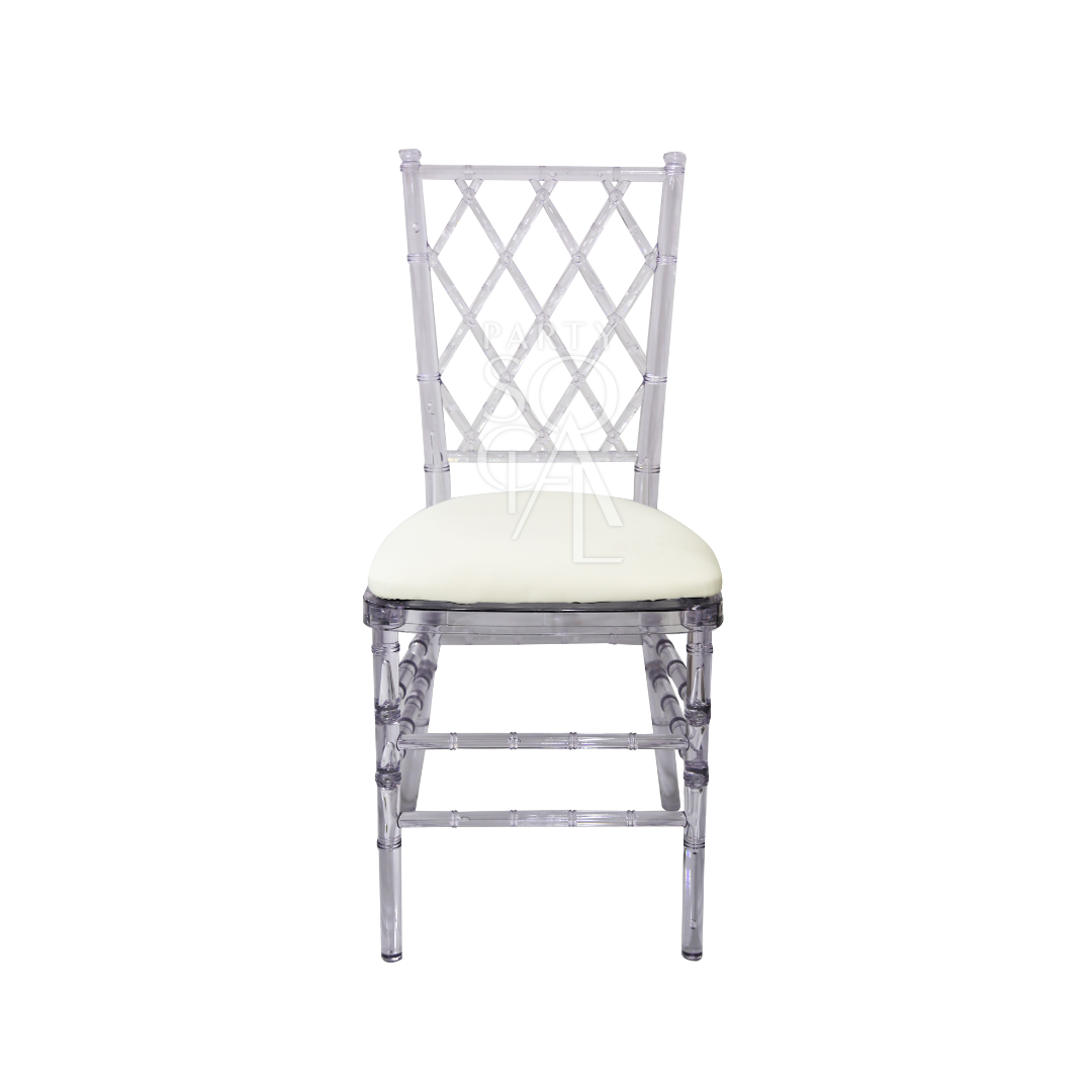 Diamond back acrylic chair featuring a modern and elegant design. This chair is crafted with a clear acrylic seat and backrest, accentuated by a distinctive diamond-shaped pattern for added visual interest. Its contemporary aesthetic and transparent material make it a stylish and versatile seating option for both formal and casual settings.