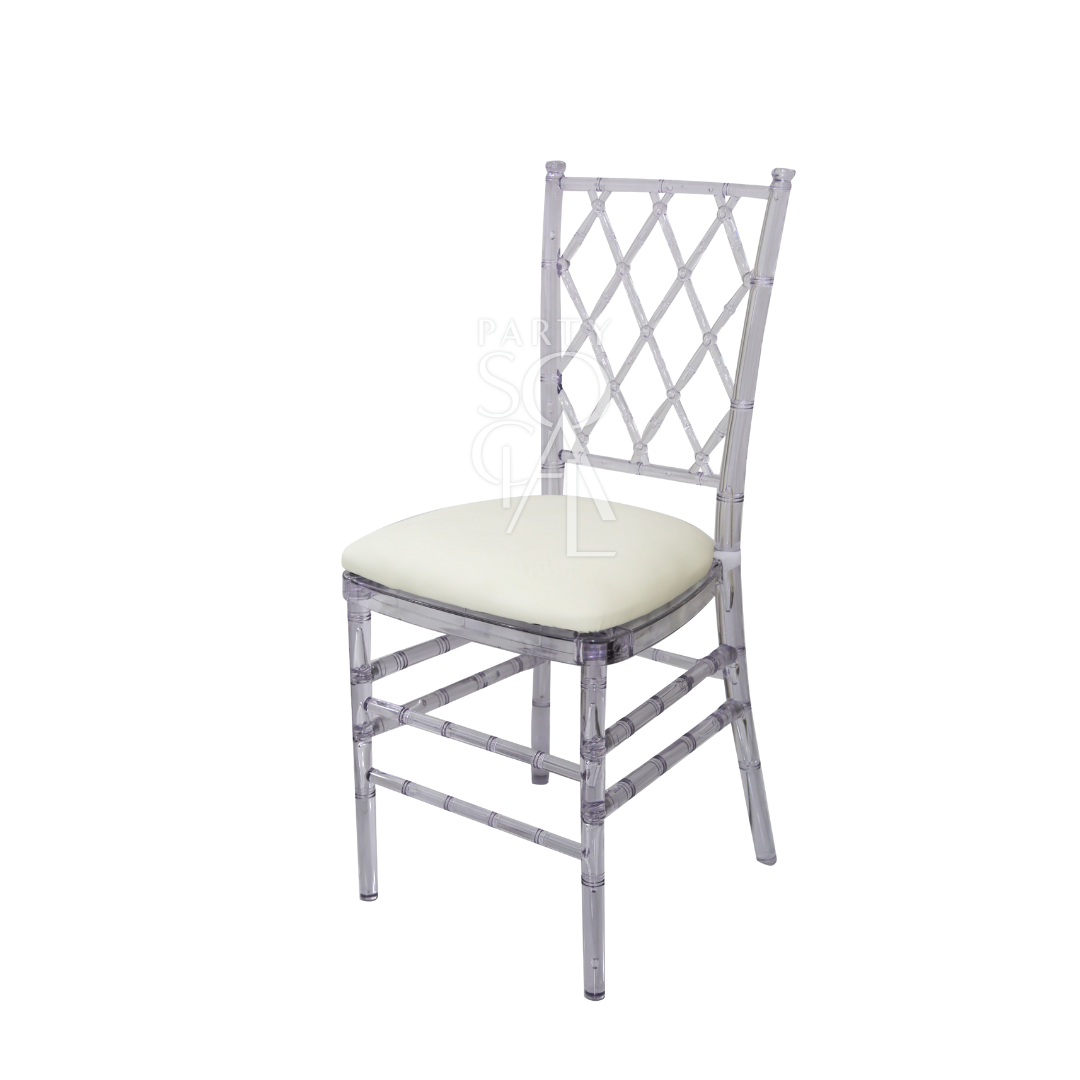 Diamond back acrylic chair featuring a modern and elegant design. This chair is crafted with a clear acrylic seat and backrest, accentuated by a distinctive diamond-shaped pattern for added visual interest. Its contemporary aesthetic and transparent material make it a stylish and versatile seating option for both formal and casual settings.