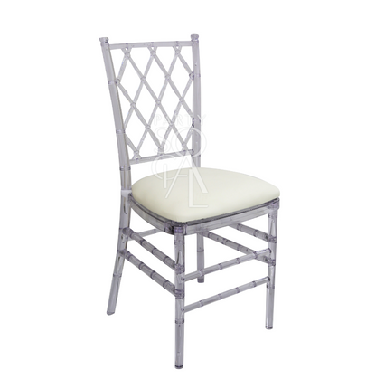 Diamond back acrylic chair featuring a modern and elegant design. This chair is crafted with a clear acrylic seat and backrest, accentuated by a distinctive diamond-shaped pattern for added visual interest. Its contemporary aesthetic and transparent material make it a stylish and versatile seating option for both formal and casual settings.