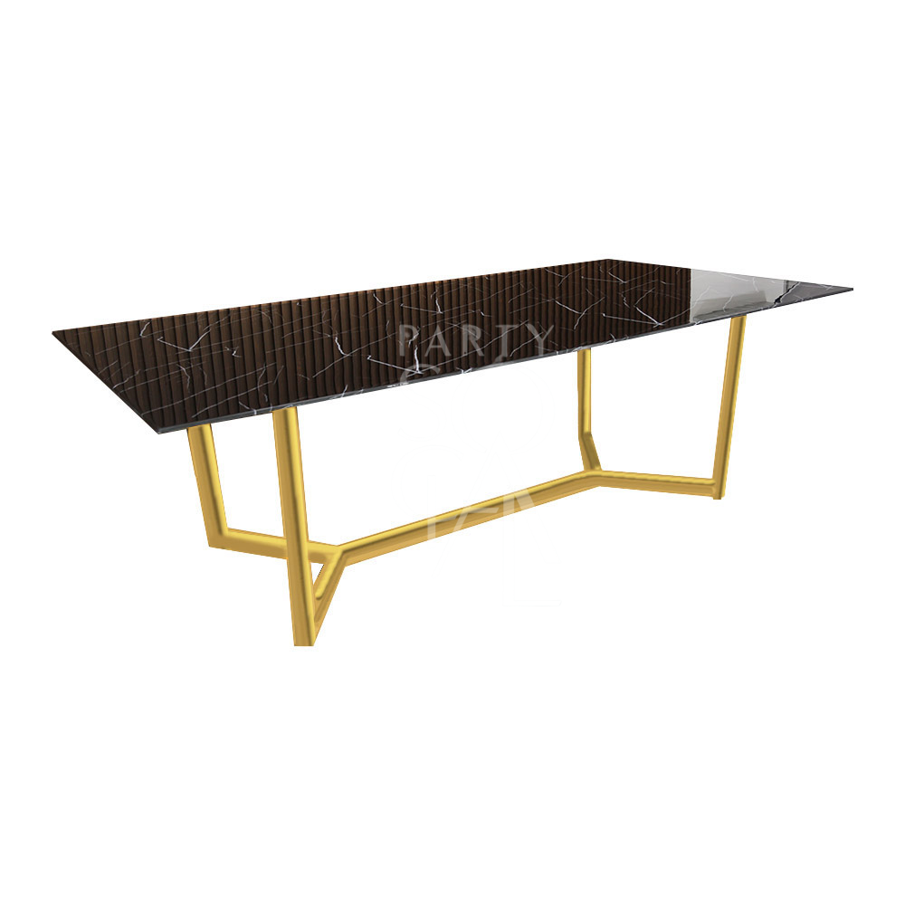 A table with a gold base and a black marble top, featuring a bold and luxurious design. The gold base offers a striking contrast to the deep, rich black marble top, creating a sophisticated and modern look. This elegant table enhances any decor with its refined and dramatic style.