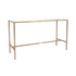 A high glass rectangular table with a gold base, featuring a sleek and modern design with a clear glass tabletop and a sturdy gold-finished base. The combination of transparent glass and luxurious gold provides a sophisticated and contemporary look, perfect for dining rooms, conference rooms, or stylish event settings.